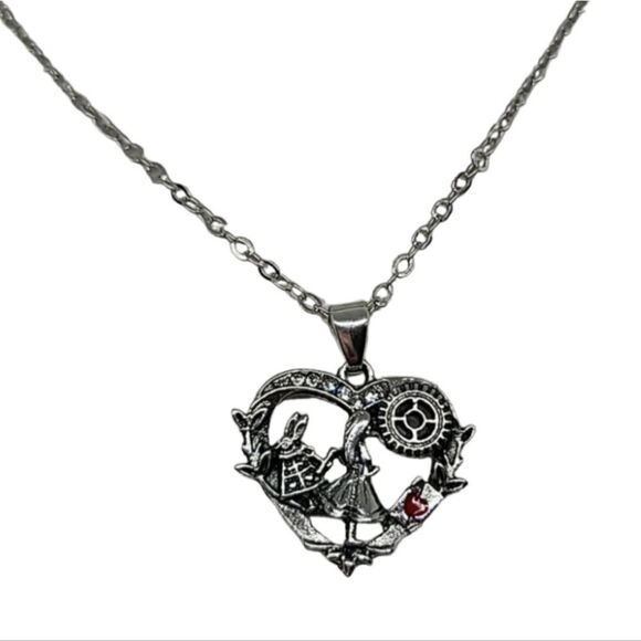 Alice In Wonderland Necklace Heart Shaped Pendant White Rabbit Ace Hearts Card - Picture 8 of 9
